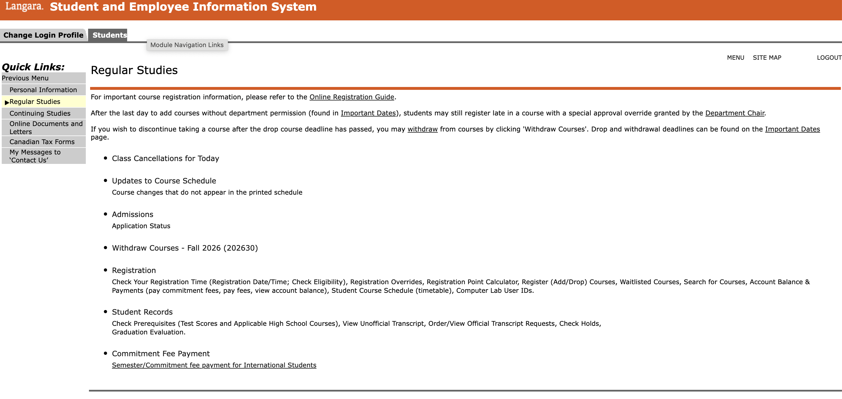 Langara College Dashboard Default View
